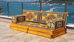 Yellow Kirsehir Motif: Single Floor Sofa – Arabic Majlis – Floor Cushion Couch – Turkish Floor Seating Sofa