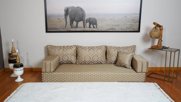 Gold Oscar Damask: Single Floor Sofa – Arabic Diwan Sofa – Oriental Cushion Set – Handmade Floor Sofa