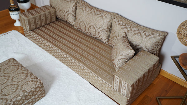 Gold Oscar Damask: Single Floor Sofa – Arabic Diwan Sofa – Oriental Cushion Set – Handmade Floor Sofa