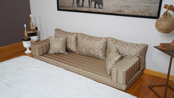 Gold Oscar Damask: Single Floor Sofa – Arabic Diwan Sofa – Oriental Cushion Set – Handmade Floor Sofa