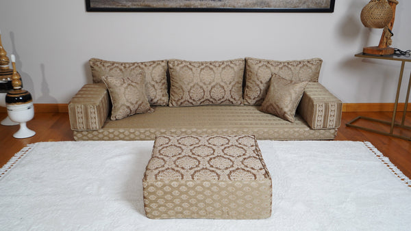 Gold Oscar Damask: Single Floor Sofa – Arabic Diwan Sofa – Oriental Cushion Set – Handmade Floor Sofa