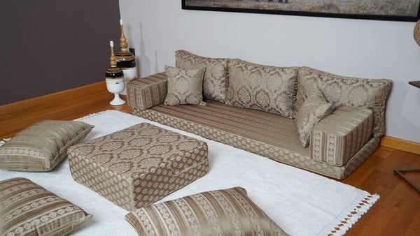 Gold Oscar Damask: Single Floor Sofa – Arabic Diwan Sofa – Oriental Cushion Set – Handmade Floor Sofa