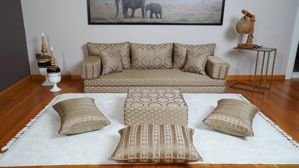 Gold Oscar Damask: Single Floor Sofa – Arabic Diwan Sofa – Oriental Cushion Set – Handmade Floor Sofa