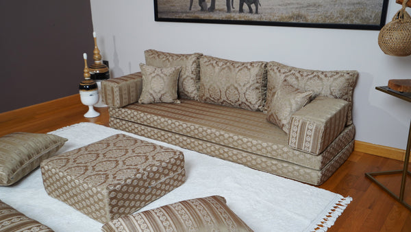 Gold Oscar Damask: Single Floor Sofa – Arabic Diwan Sofa – Oriental Cushion Set – Handmade Floor Sofa
