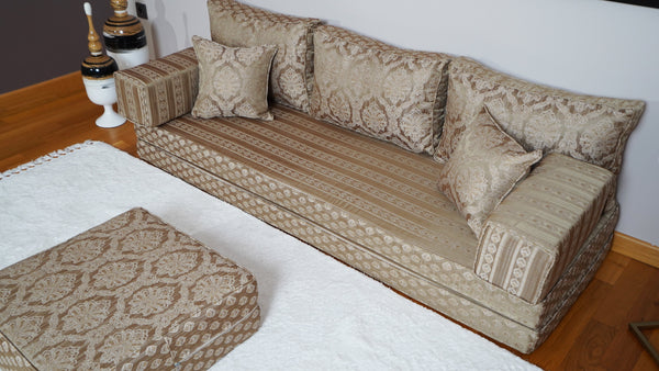 Gold Oscar Damask: Single Floor Sofa – Arabic Diwan Sofa – Oriental Cushion Set – Handmade Floor Sofa