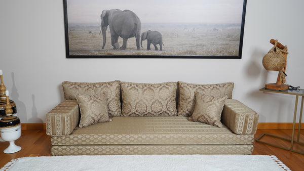Gold Oscar Damask: Single Floor Sofa – Arabic Diwan Sofa – Oriental Cushion Set – Handmade Floor Sofa