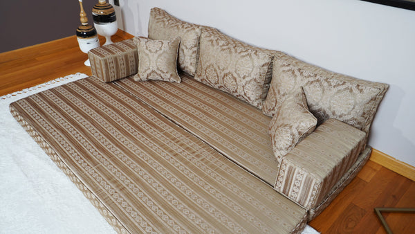 Gold Oscar Damask: Single Floor Sofa – Arabic Diwan Sofa – Oriental Cushion Set – Handmade Floor Sofa