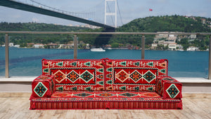 Red Zeugma Mosaic: Single Floor Sofa – Arabic Floor Sofa – Oriental Cushion Set – Authentic Arabic Majlis
