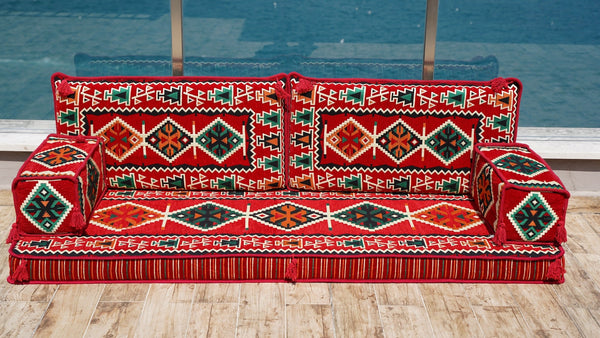 Red Zeugma Mosaic: Single Floor Sofa – Arabic Floor Sofa – Oriental Cushion Set – Authentic Arabic Majlis