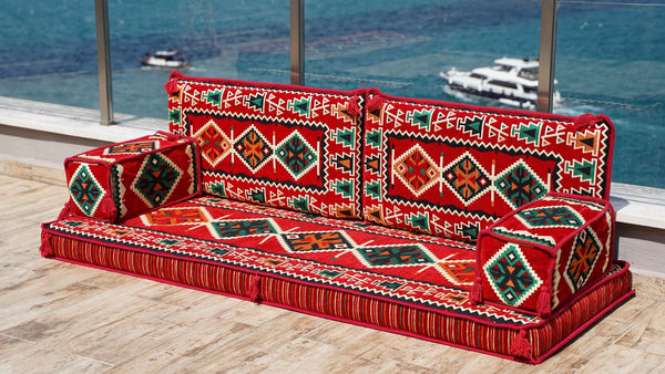 Red Zeugma Mosaic: Single Floor Sofa – Arabic Floor Sofa – Oriental Cushion Set – Authentic Arabic Majlis