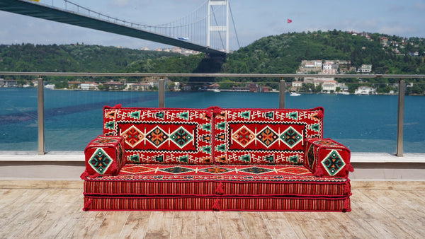 Red Zeugma Mosaic: Single Floor Sofa – Arabic Floor Sofa – Oriental Cushion Set – Authentic Arabic Majlis