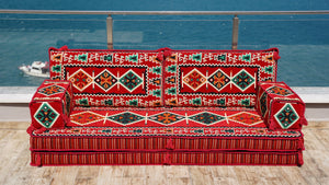 Red Zeugma Mosaic: Single Floor Sofa – Arabic Floor Sofa – Oriental Cushion Set – Authentic Arabic Majlis