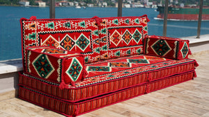 Red Zeugma Mosaic: Single Floor Sofa – Arabic Floor Sofa – Oriental Cushion Set – Authentic Arabic Majlis