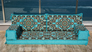 Turquoise Pinar Blossom: Single Floor Sofa – Arabic Majlis Sofa – Oriental Cushion Set – Authentic Arabic Majlis