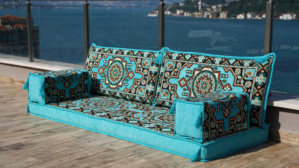 Turquoise Pinar Blossom: Single Floor Sofa – Arabic Majlis Sofa – Oriental Cushion Set – Authentic Arabic Majlis
