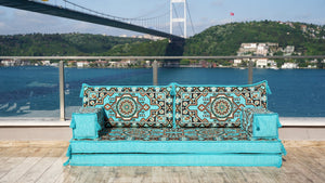 Turquoise Pinar Blossom: Single Floor Sofa – Arabic Majlis Sofa – Oriental Cushion Set – Authentic Arabic Majlis