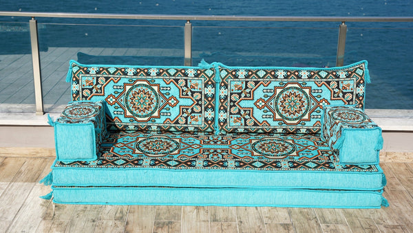 Turquoise Pinar Blossom: Single Floor Sofa – Arabic Majlis Sofa – Oriental Cushion Set – Authentic Arabic Majlis