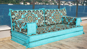 Turquoise Pinar Blossom: Single Floor Sofa – Arabic Majlis Sofa – Oriental Cushion Set – Authentic Arabic Majlis