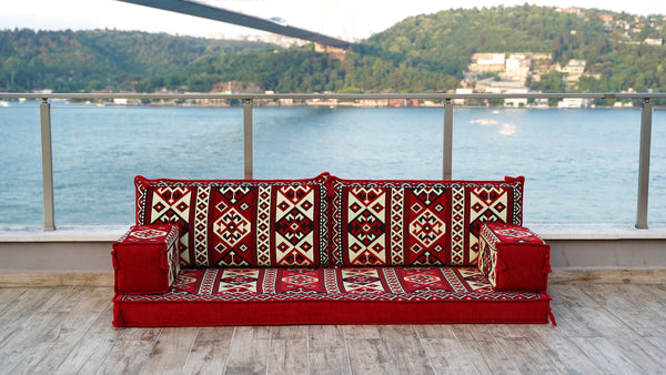 Red Shirvan Geometry: Single Floor Sofa – Custom Arabic Majlis – Oriental Floor Seating – Bohemian Floor Cushion