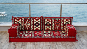 Red Shirvan Geometry: Single Floor Sofa – Custom Arabic Majlis – Oriental Floor Seating – Bohemian Floor Cushion
