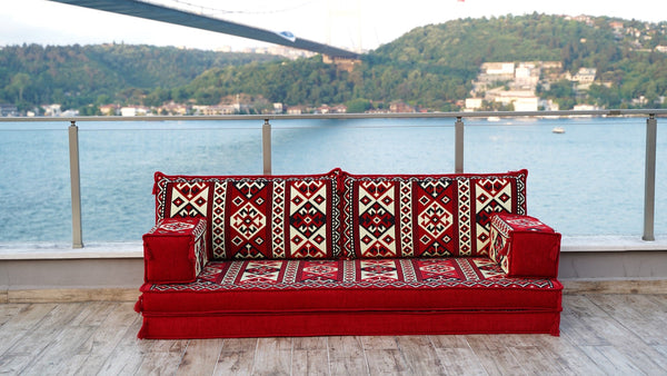 Red Shirvan Geometry: Single Floor Sofa – Custom Arabic Majlis – Oriental Floor Seating – Bohemian Floor Cushion