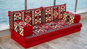 Red Shirvan Geometry: Single Floor Sofa – Custom Arabic Majlis – Oriental Floor Seating – Bohemian Floor Cushion