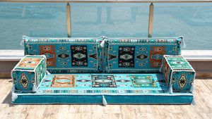 Turquoise Milas Breeze: Single Floor Sofa – Arabic Majlis Sofa – Oriental Cushion Set – Authentic Arabic Majlis Set