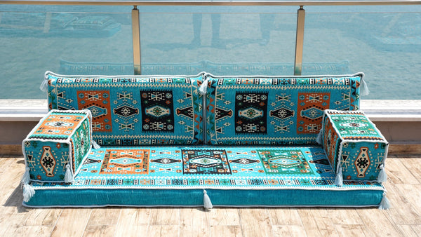 Turquoise Milas Breeze: Single Floor Sofa – Arabic Majlis Sofa – Oriental Cushion Set – Authentic Arabic Majlis Set