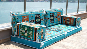 Turquoise Milas Breeze: Single Floor Sofa – Arabic Majlis Sofa – Oriental Cushion Set – Authentic Arabic Majlis Set