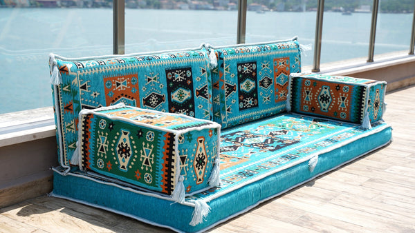 Turquoise Milas Breeze: Single Floor Sofa – Arabic Majlis Sofa – Oriental Cushion Set – Authentic Arabic Majlis Set