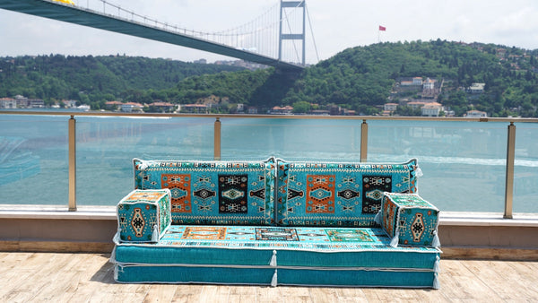 Turquoise Milas Breeze: Single Floor Sofa – Arabic Majlis Sofa – Oriental Cushion Set – Authentic Arabic Majlis Set