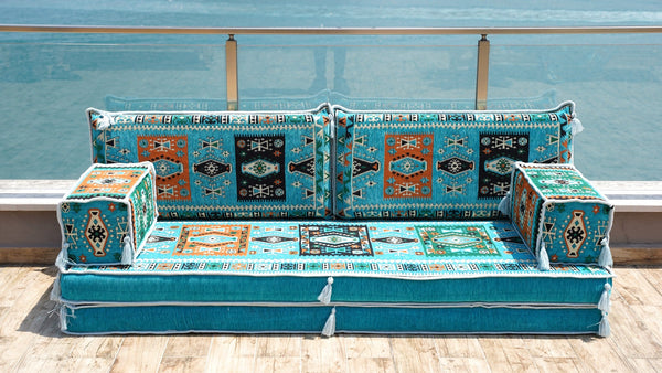 Turquoise Milas Breeze: Single Floor Sofa – Arabic Majlis Sofa – Oriental Cushion Set – Authentic Arabic Majlis Set