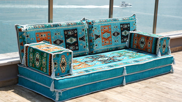 Turquoise Milas Breeze: Single Floor Sofa – Arabic Majlis Sofa – Oriental Cushion Set – Authentic Arabic Majlis Set
