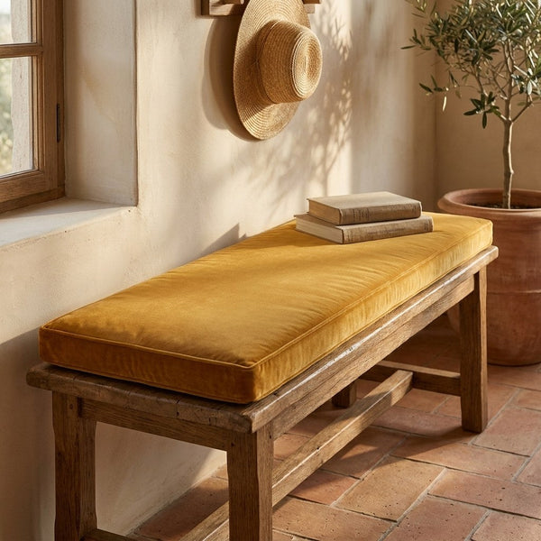 Custom Velvet Bench Cushion, Made-to-Measure Window Seat Pad, Boxed Banquette Cushion with Piping, Plush Velvet Bench Se
