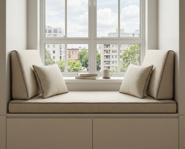Custom Window Seat Cushion with Backrest, Made-to-Measure Bench Seat Pad, Built-In Banquette Cushion Set, Bay Window Rea