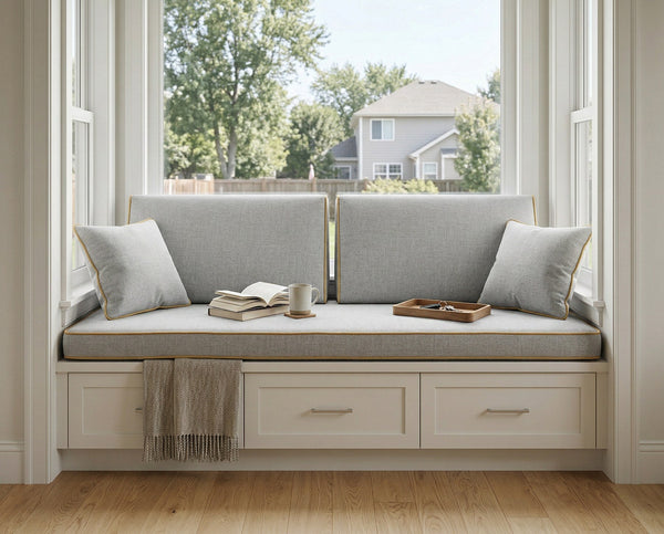 Custom Window Seat Cushion with Backrest, Made-to-Measure Bench Seat Pad, Built-In Banquette Cushion Set, Bay Window Rea