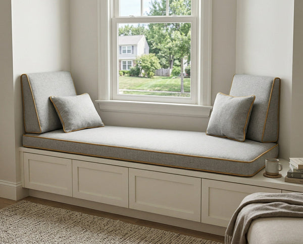 Custom Window Seat Cushion with Backrest, Made-to-Measure Bench Seat Pad, Built-In Banquette Cushion Set, Bay Window Rea