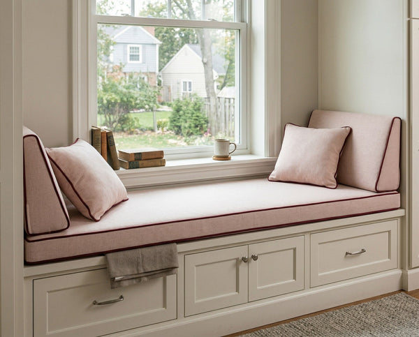 Custom Window Seat Cushion with Backrest, Made-to-Measure Bench Seat Pad, Built-In Banquette Cushion Set, Bay Window Rea