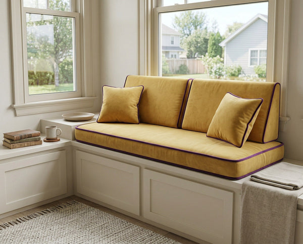 Custom Window Seat Cushion with Backrest, Made-to-Measure Bench Seat Pad, Built-In Banquette Cushion Set, Bay Window Rea