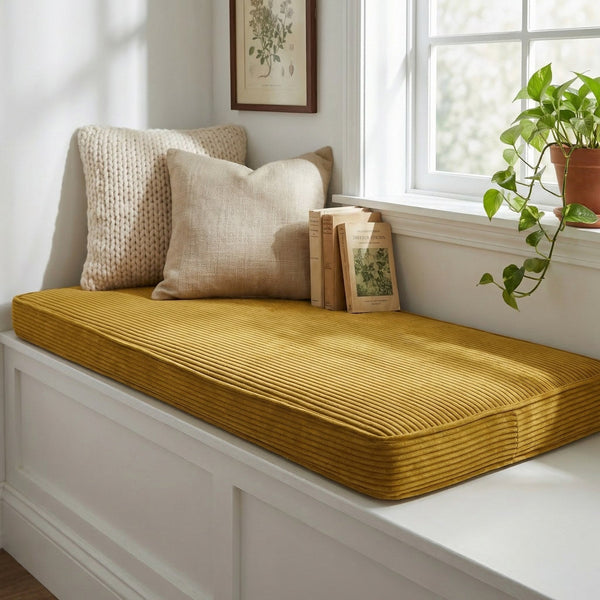 Custom Corduroy Window Seat Cushion with Foam, Made-to-Measure Bench Cushion, Wide-Wale Ribbed Bay Window Seat Pad, Stor
