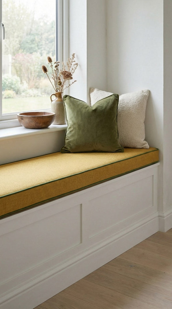 Custom Piped Bench Cushion, Made-to-Measure Window Seat Cushion with Contrast Piping, Boxed Edge Banquette Seat Pad, Rea