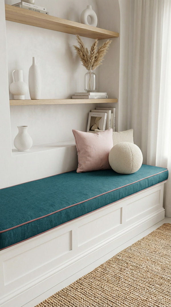 Custom Piped Bench Cushion, Made-to-Measure Window Seat Cushion with Contrast Piping, Boxed Edge Banquette Seat Pad, Rea