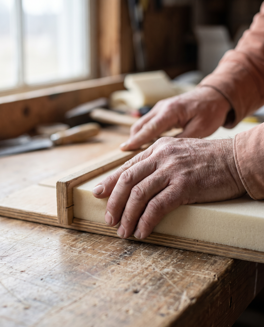 Experienced weathered hands guiding a foam block along a cutting guide on a worn wooden table