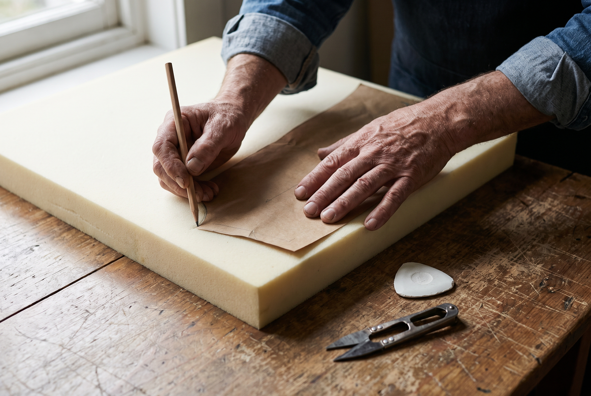 Craftsperson's hands marking a paper pattern over a foam block on a wooden cutting table