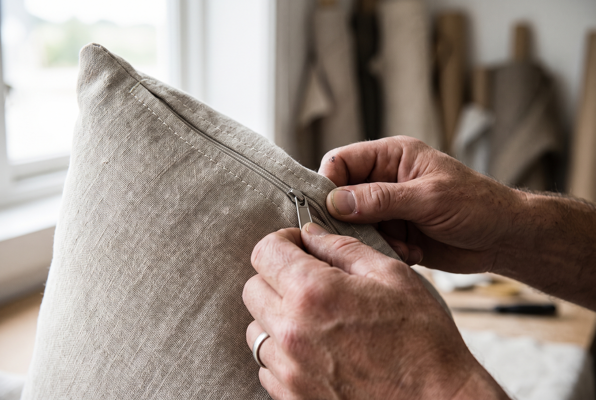 Hands setting a zipper on the corner of a linen cushion cover with double-stitched seams