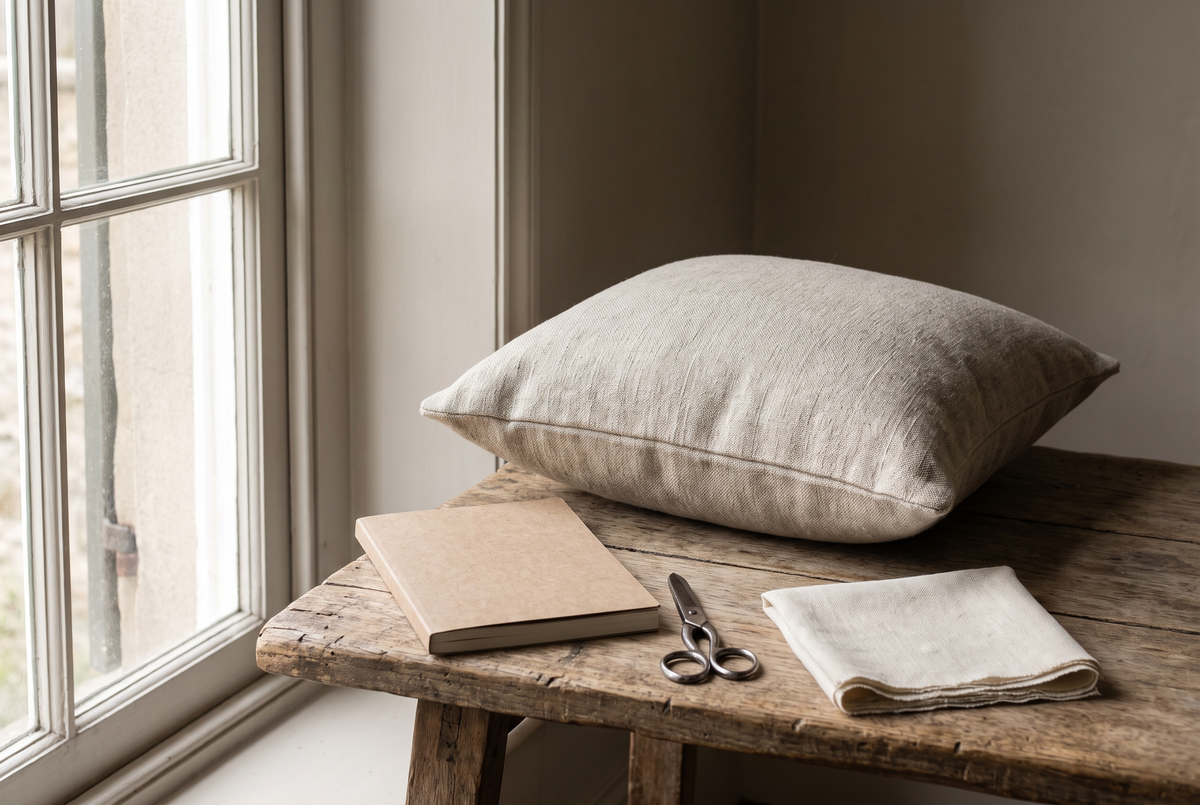 A finished natural linen cushion resting on a wooden inspection bench beside a notebook and scissors