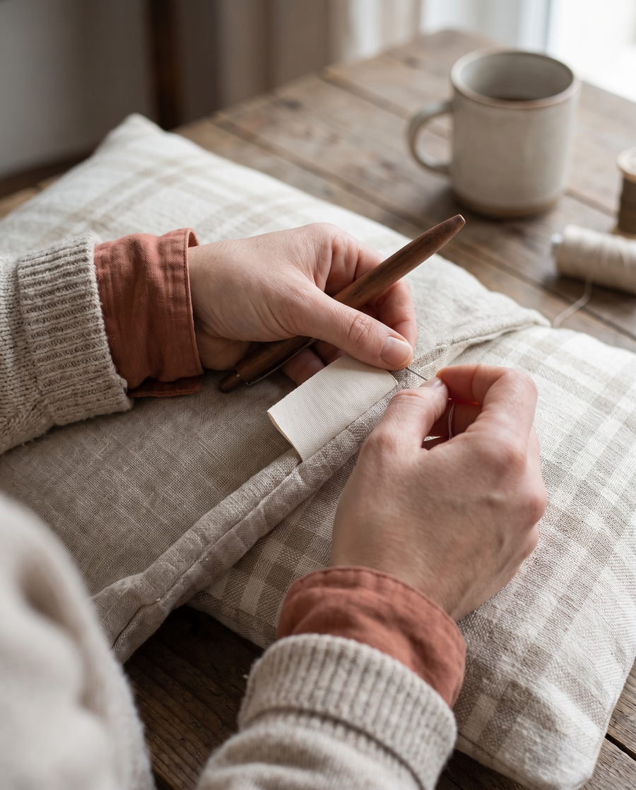 Hands attaching a plain blank fabric finishing tag to a finished linen cushion