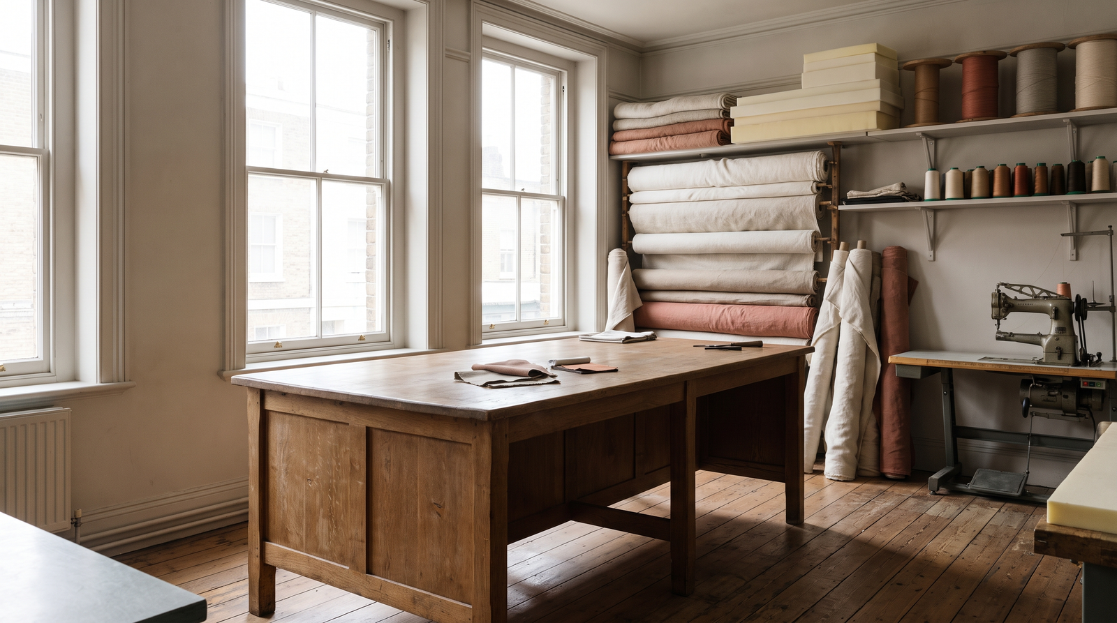 Artisan upholstery atelier with tall windows, a worn wooden cutting table, fabric rolls and spools of thread
