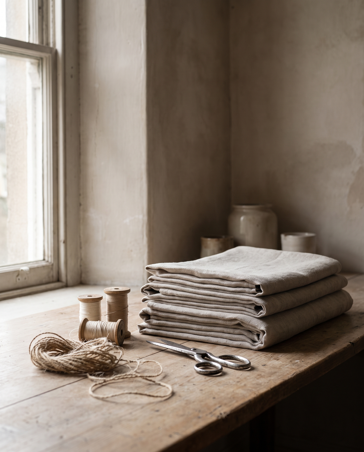 Still life of folded natural linen, wooden thread spools and twine on an atelier work table by a window