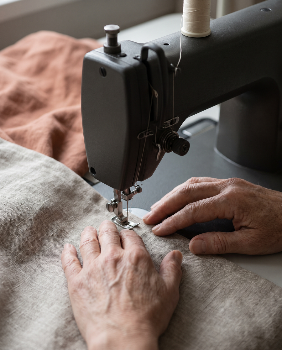 Skilled hands feeding natural linen fabric under the needle of a sewing machine